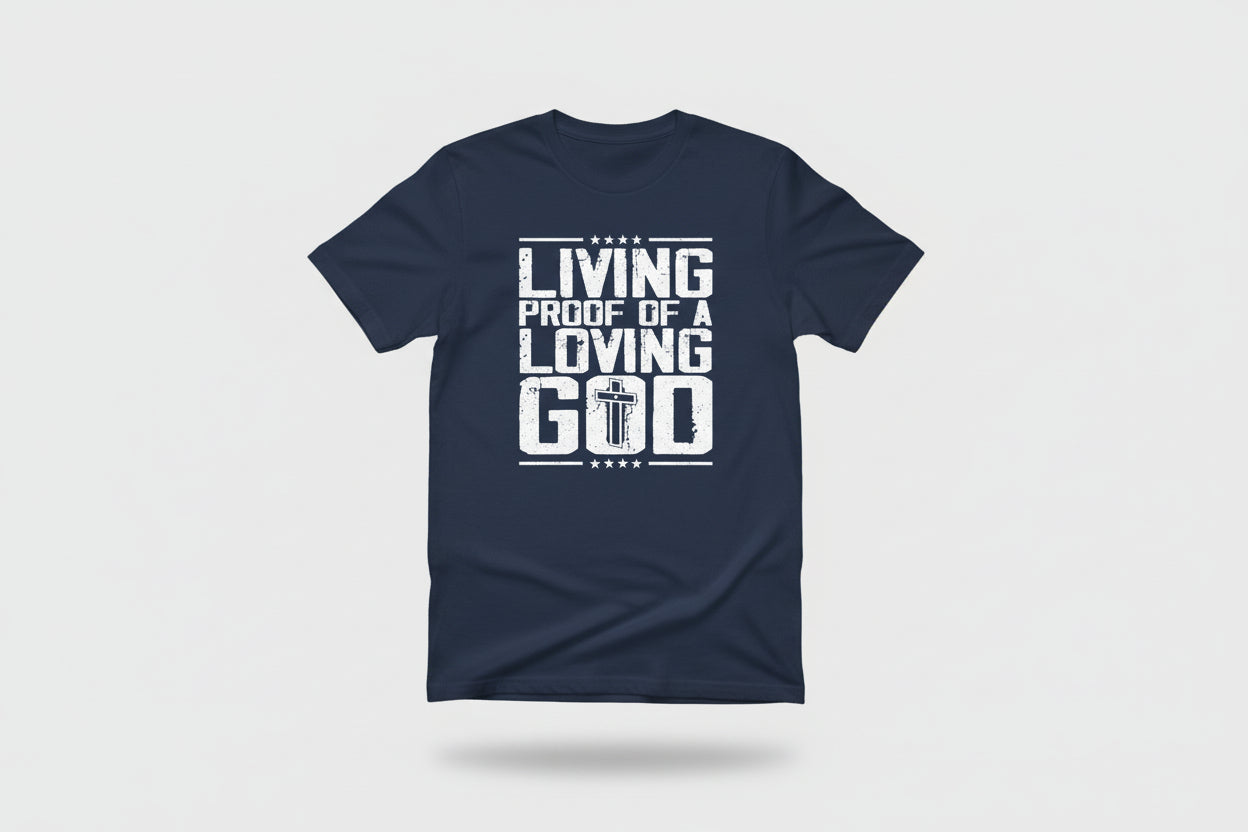 Person wearing a navy blue t-shirt with 'Living Proof of a Loving God' text and cross on the back, standing on a street.